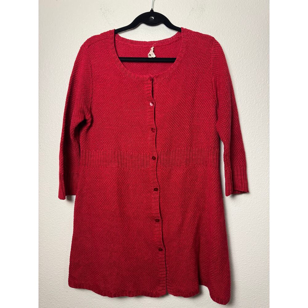 Eileen Fisher Red Hemp Knit Cardigan Sweater Size M Open Front Button-Up Tunic